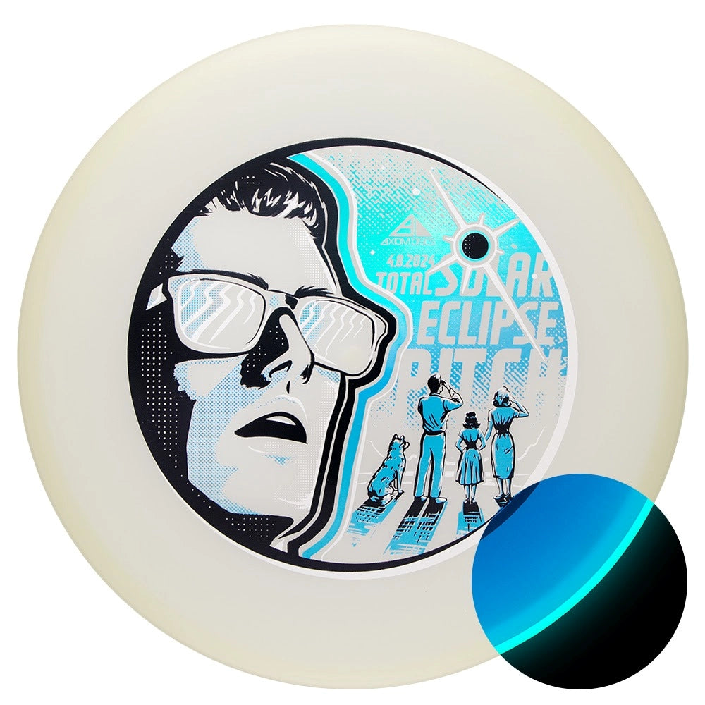 White frisbee with graphic of person and solar eclipse.